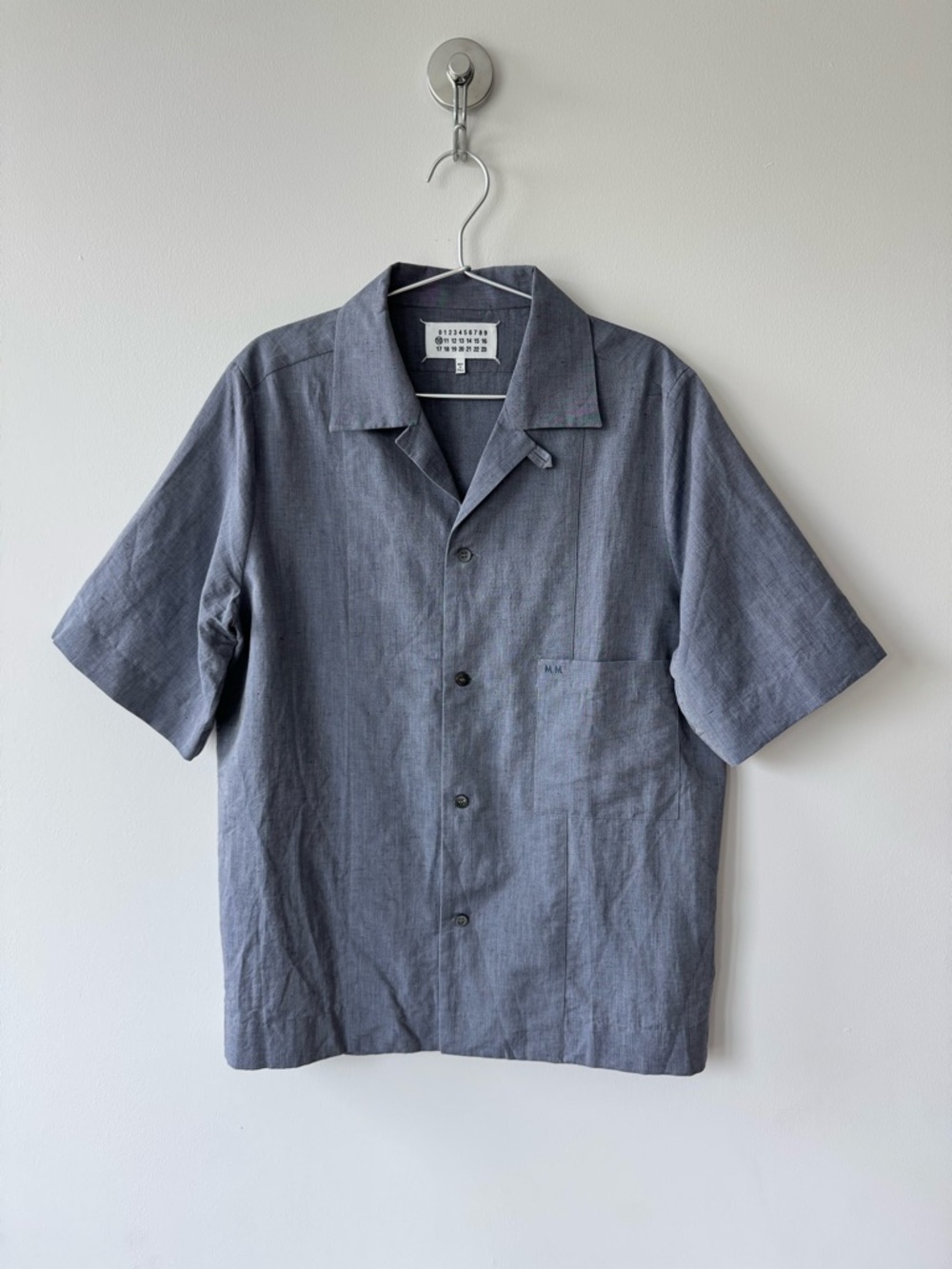 Maison Margiela Men’s Blue/Gray Linen Short Sleeve Tab Collar Shirt - Size 39